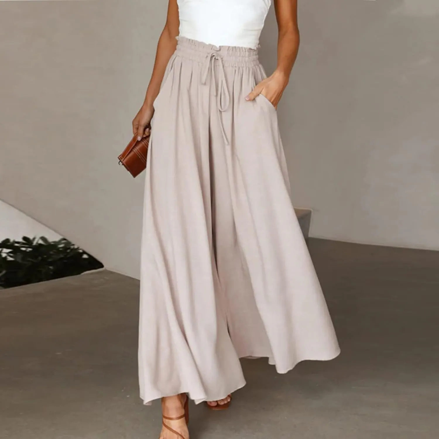 Wide Leg Palazzo Pants for Women Fashion High Waisted Pants Summer Chiffon with Pockets Lounge Solid Drawstring Clothes
