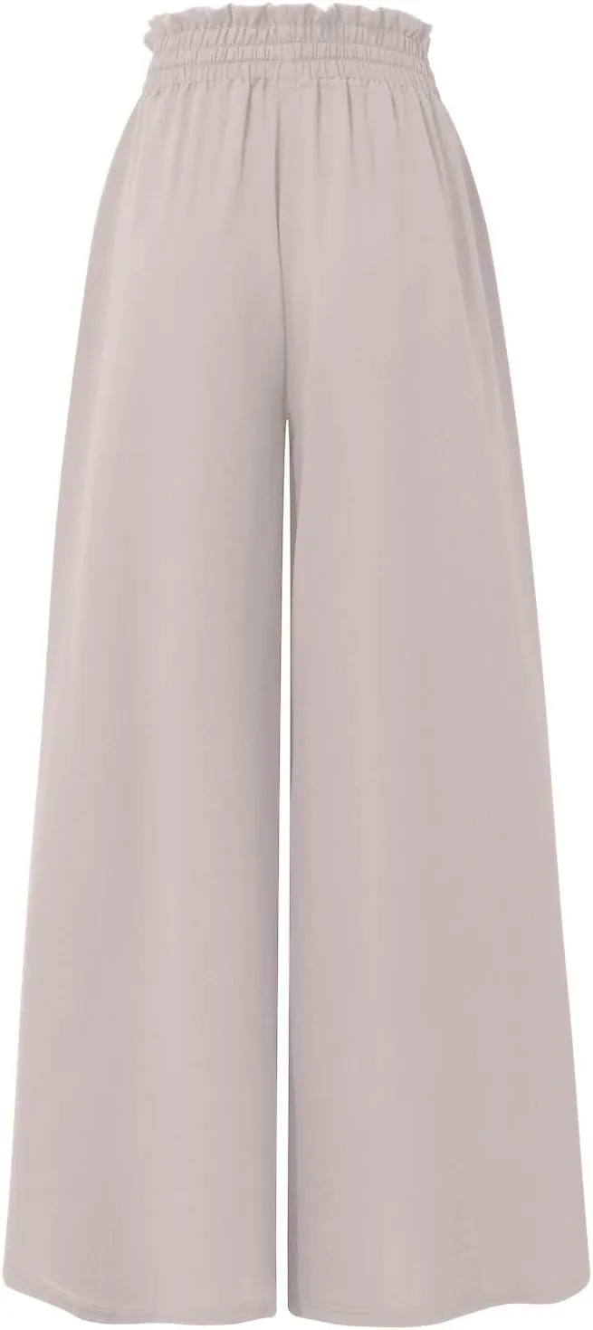 Wide Leg Palazzo Pants for Women Fashion High Waisted Pants Summer Chiffon with Pockets Lounge Solid Drawstring Clothes