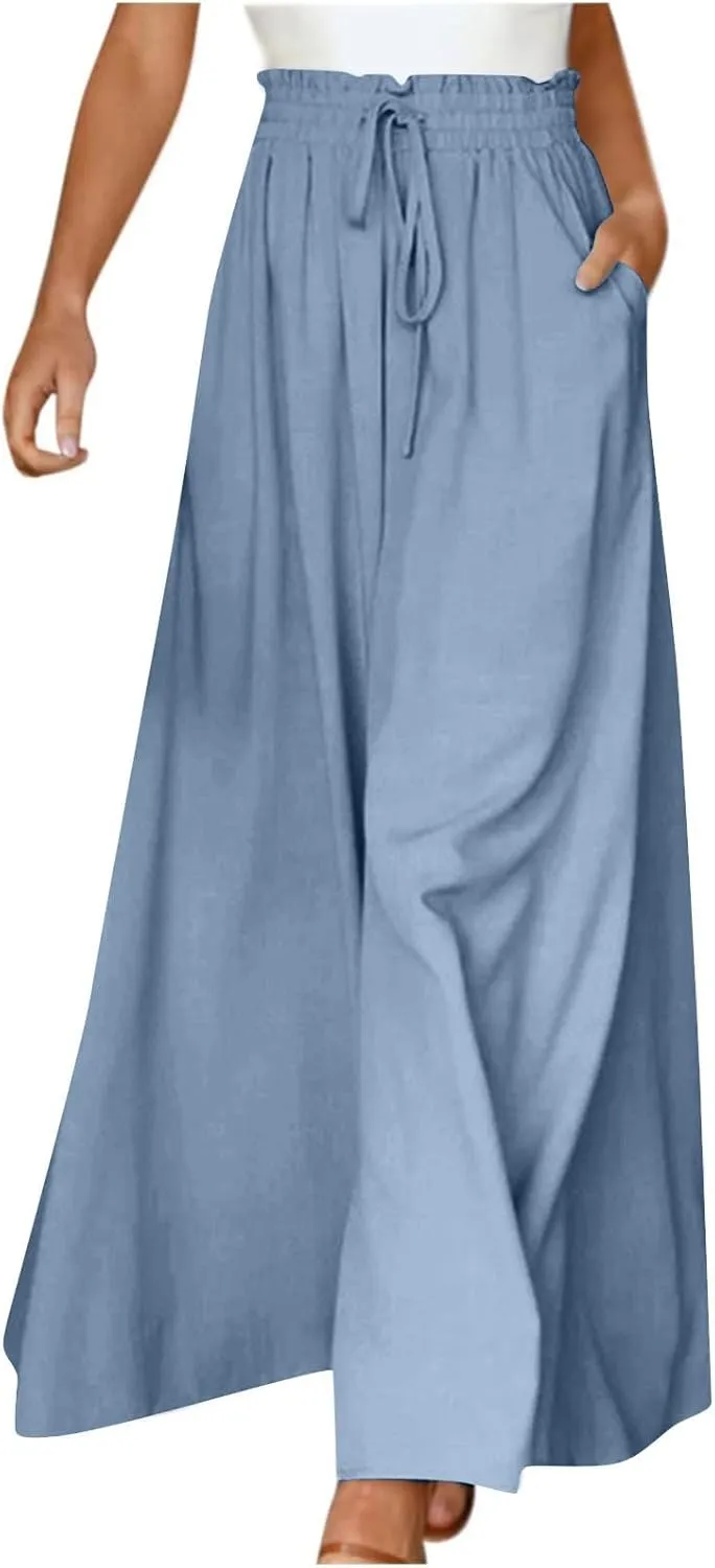 Wide Leg Palazzo Pants for Women Fashion High Waisted Pants Summer Chiffon with Pockets Lounge Solid Drawstring Clothes