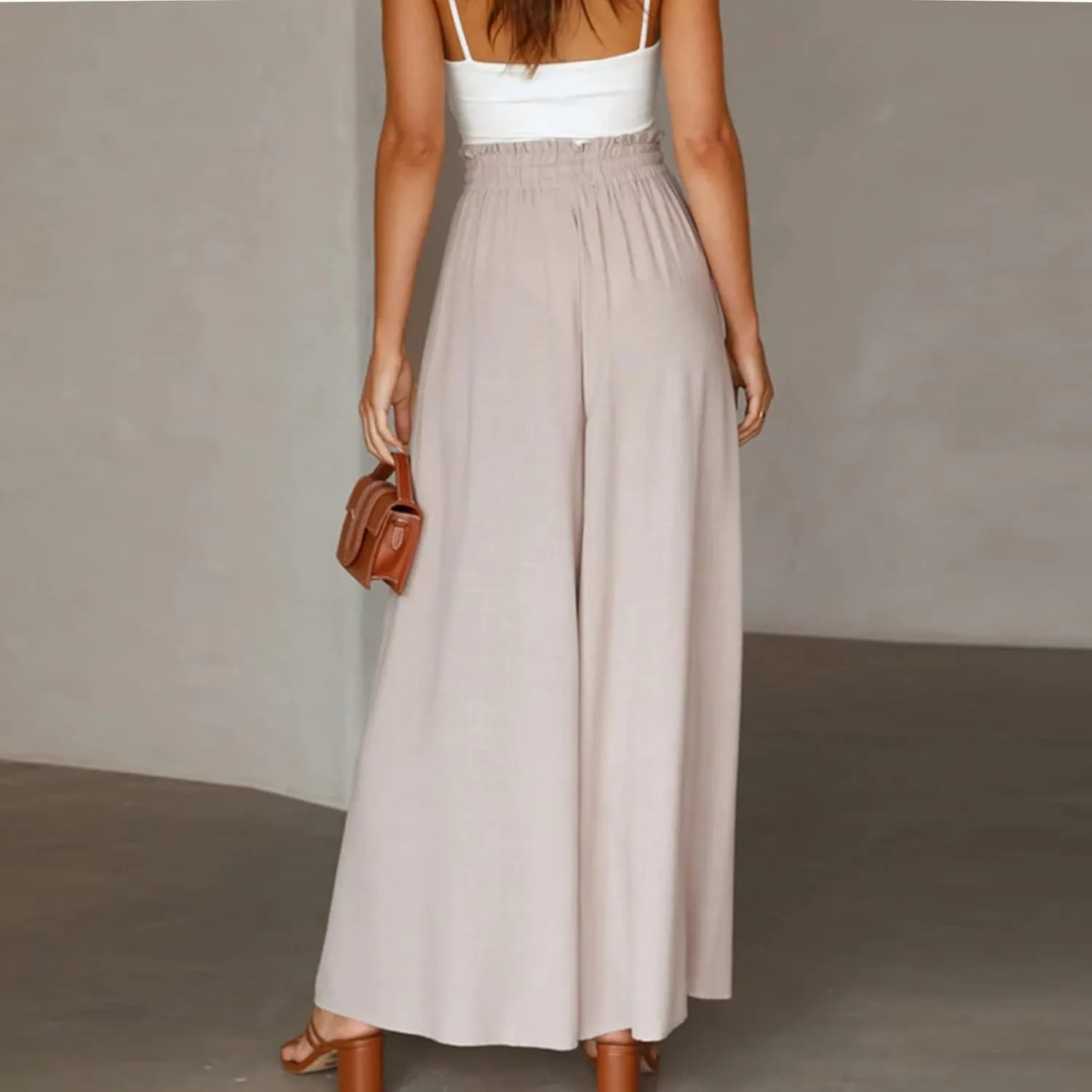 Wide Leg Palazzo Pants for Women Fashion High Waisted Pants Summer Chiffon with Pockets Lounge Solid Drawstring Clothes