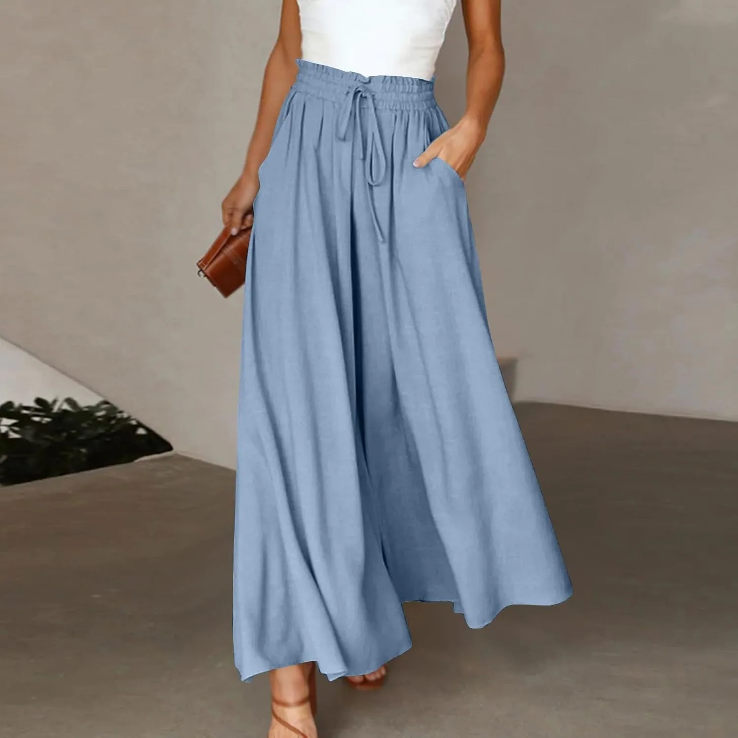 Wide Leg Palazzo Pants for Women Fashion High Waisted Pants Summer Chiffon with Pockets Lounge Solid Drawstring Clothes