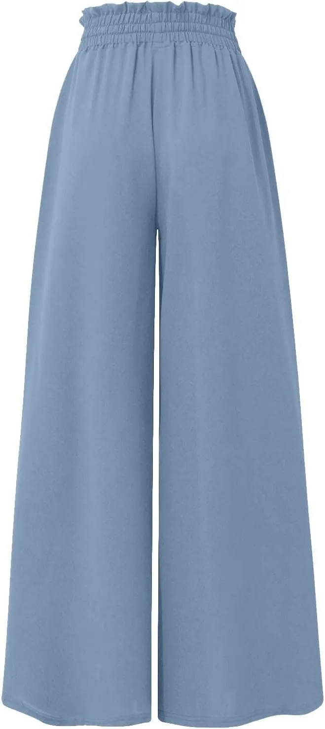 Wide Leg Palazzo Pants for Women Fashion High Waisted Pants Summer Chiffon with Pockets Lounge Solid Drawstring Clothes