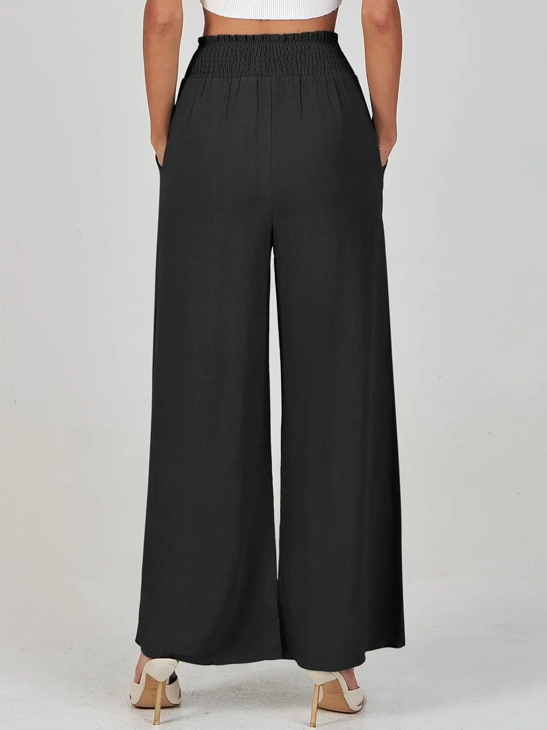 Wide Leg Pants for Women Fashion Drawstring Stretch Elastic High Waisted Pant Loose Solid Casual Pants with Pockets