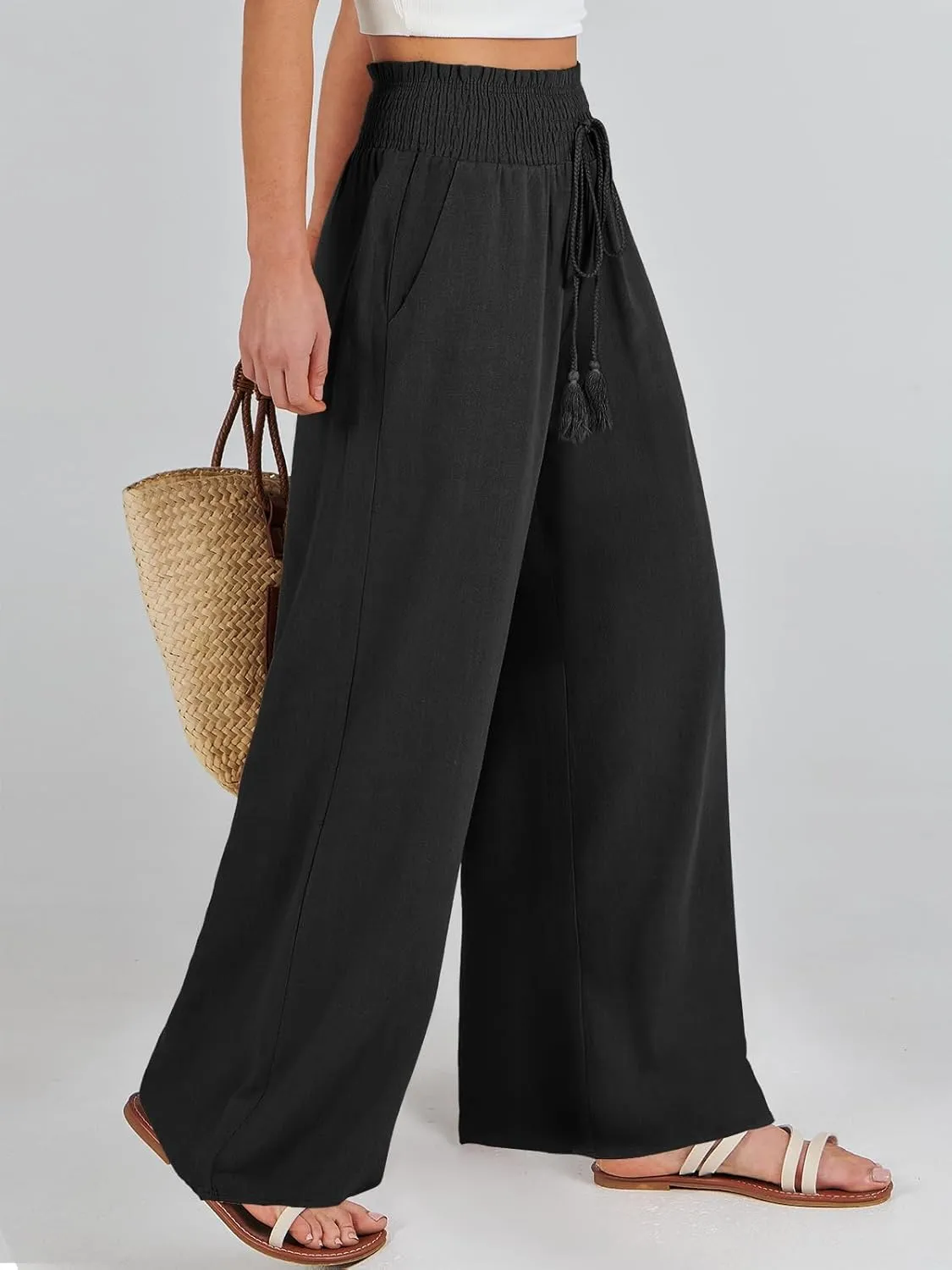 Wide Leg Pants for Women Fashion Drawstring Stretch Elastic High Waisted Pant Loose Solid Casual Pants with Pockets