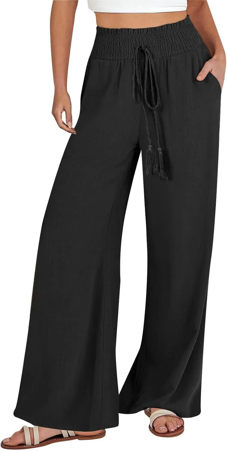 Wide Leg Pants for Women Fashion Drawstring Stretch Elastic High Waisted Pant Loose Solid Casual Pants with Pockets