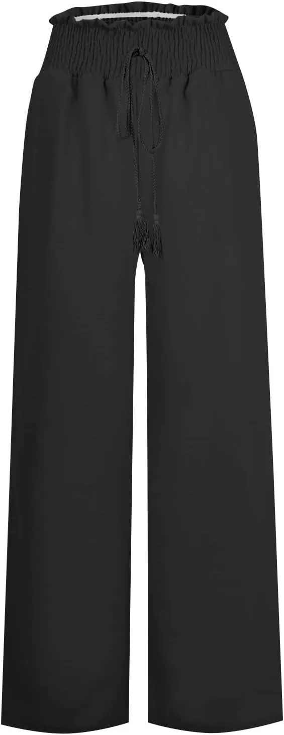 Wide Leg Pants for Women Fashion Drawstring Stretch Elastic High Waisted Pant Loose Solid Casual Pants with Pockets
