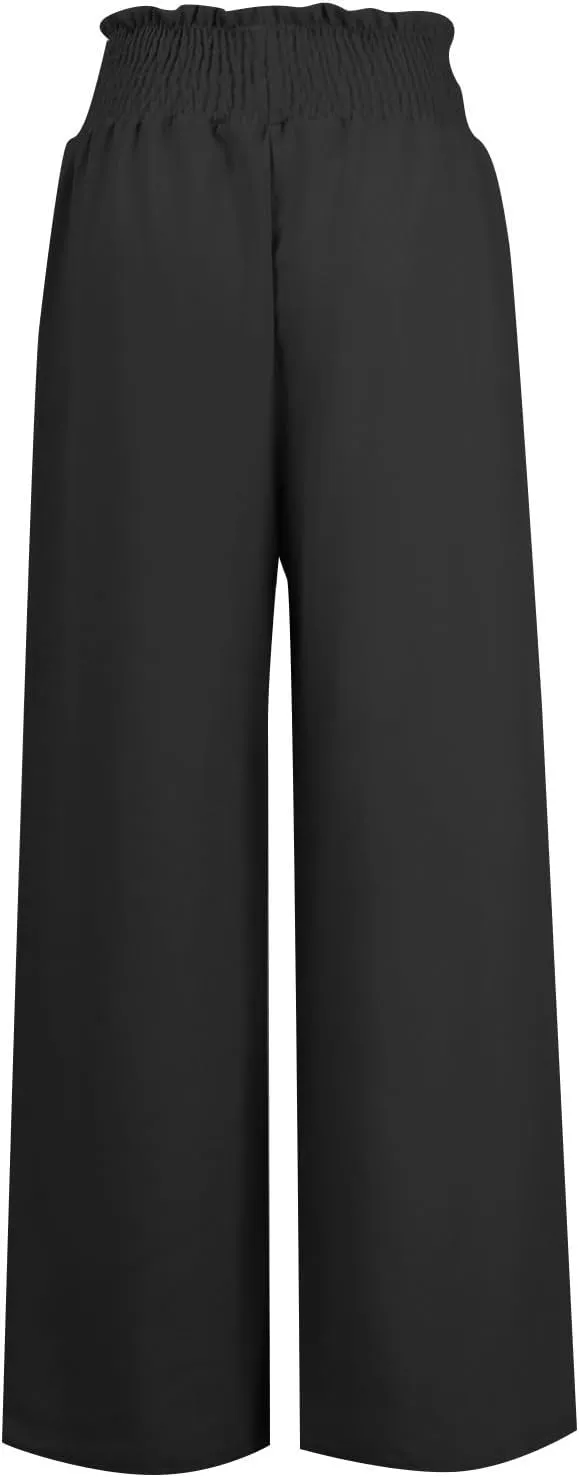 Wide Leg Pants for Women Fashion Drawstring Stretch Elastic High Waisted Pant Loose Solid Casual Pants with Pockets