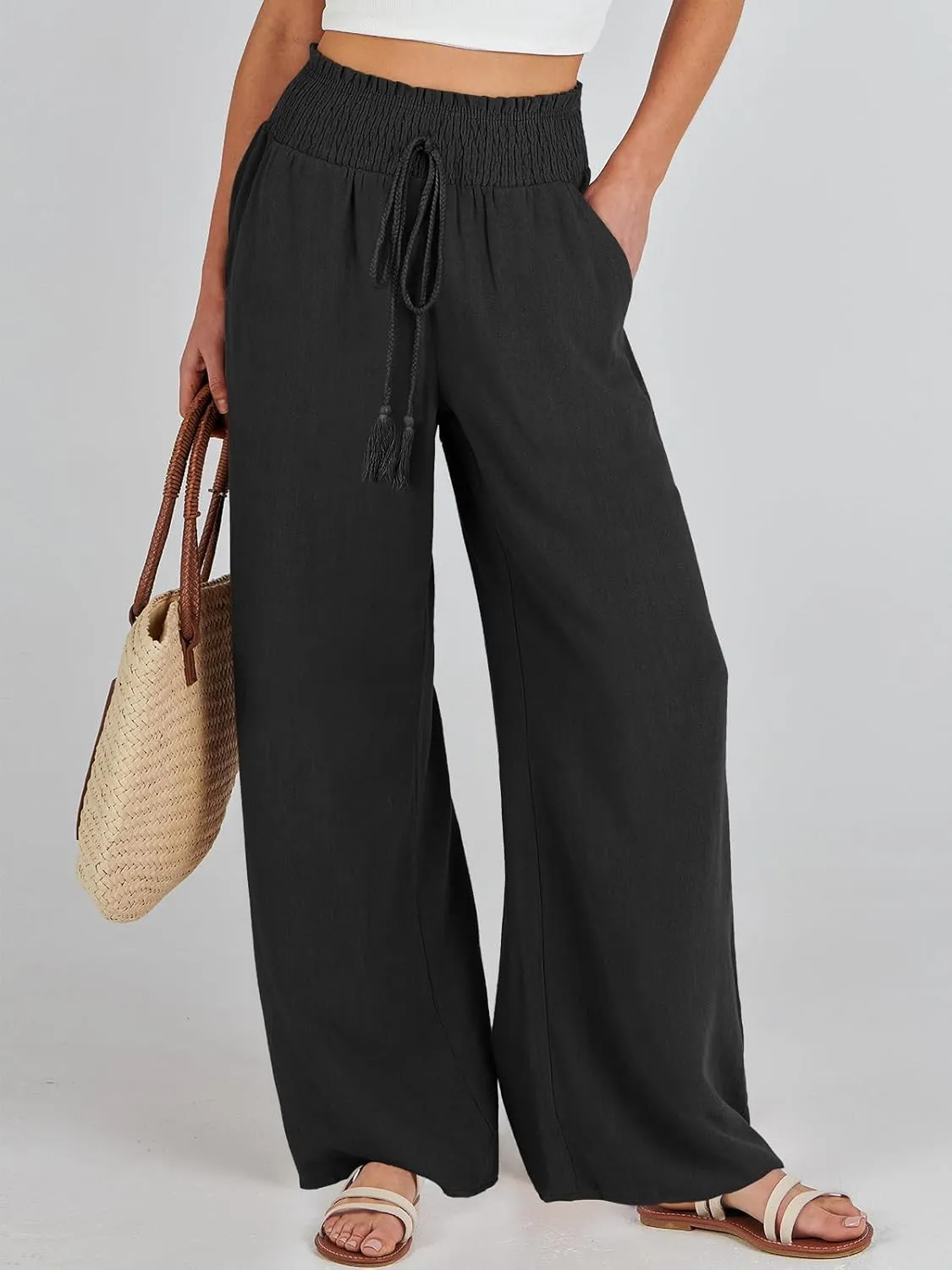 Wide Leg Pants for Women Fashion Drawstring Stretch Elastic High Waisted Pant Loose Solid Casual Pants with Pockets