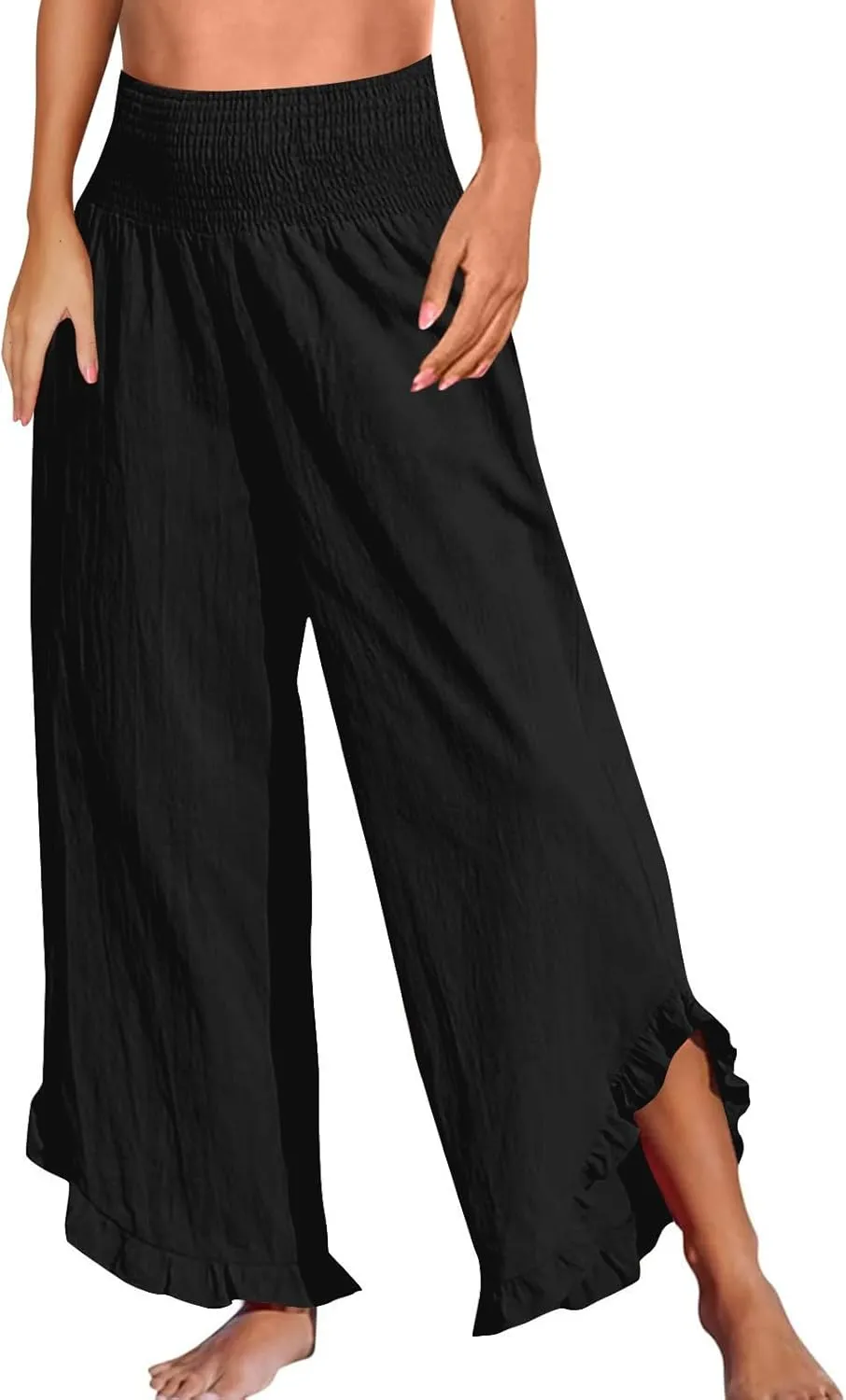 Wide Leg Pants for Women Linen Summer Elastic Waist Palazzo Pants High Waisted with Pockets Cropped Solid Trousers