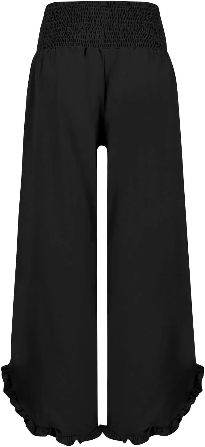 Wide Leg Pants for Women Linen Summer Elastic Waist Palazzo Pants High Waisted with Pockets Cropped Solid Trousers