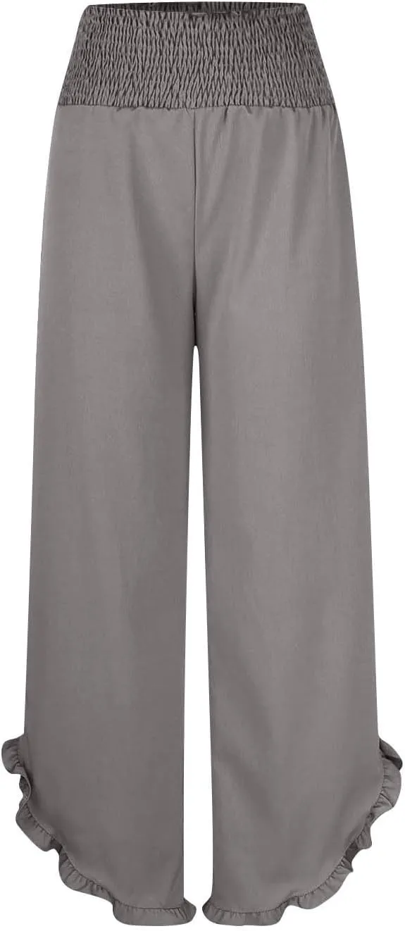 Wide Leg Pants Woman,High Waisted Flowy Pants for Women Ruffle Hem Cropped Elastic Waist Beach Office Boho Trousers