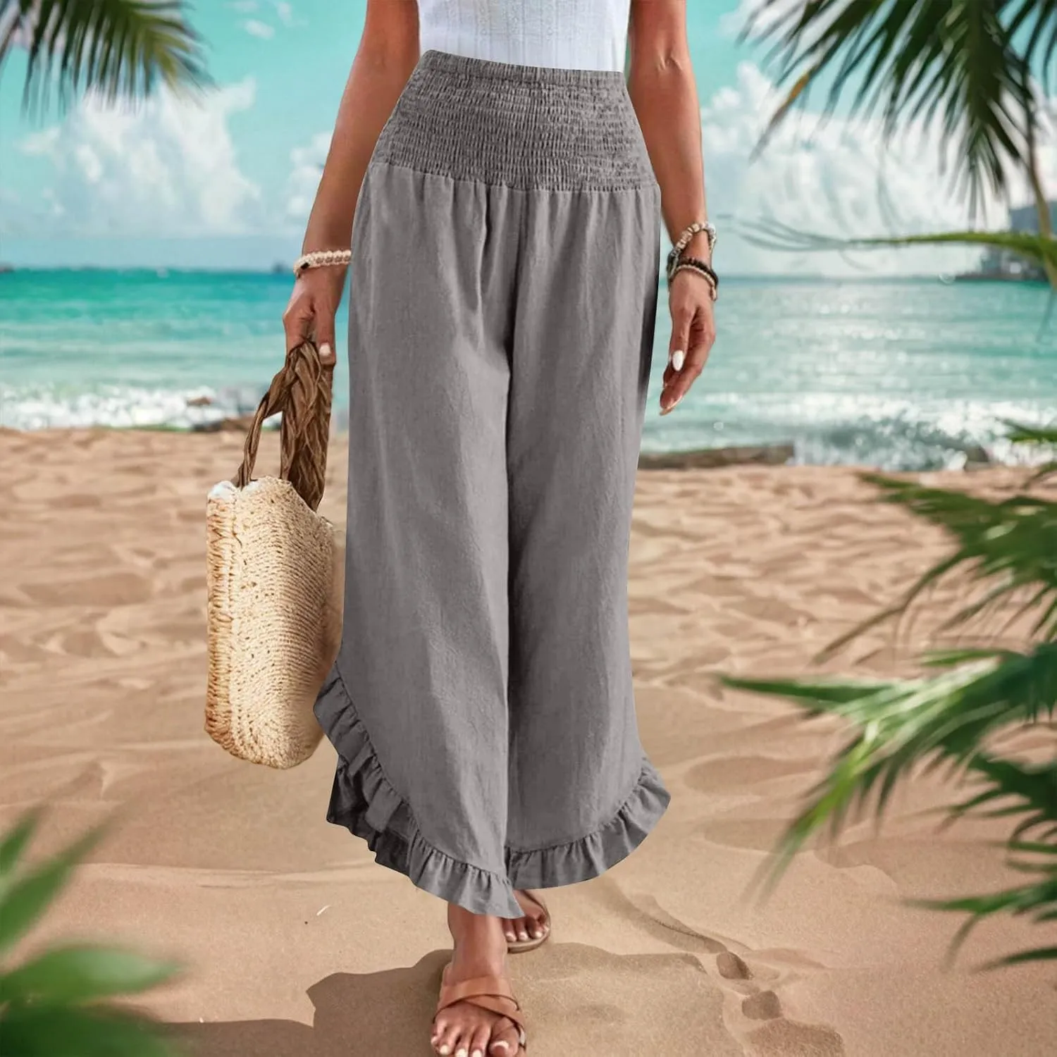 Wide Leg Pants Woman,High Waisted Flowy Pants for Women Ruffle Hem Cropped Elastic Waist Beach Office Boho Trousers