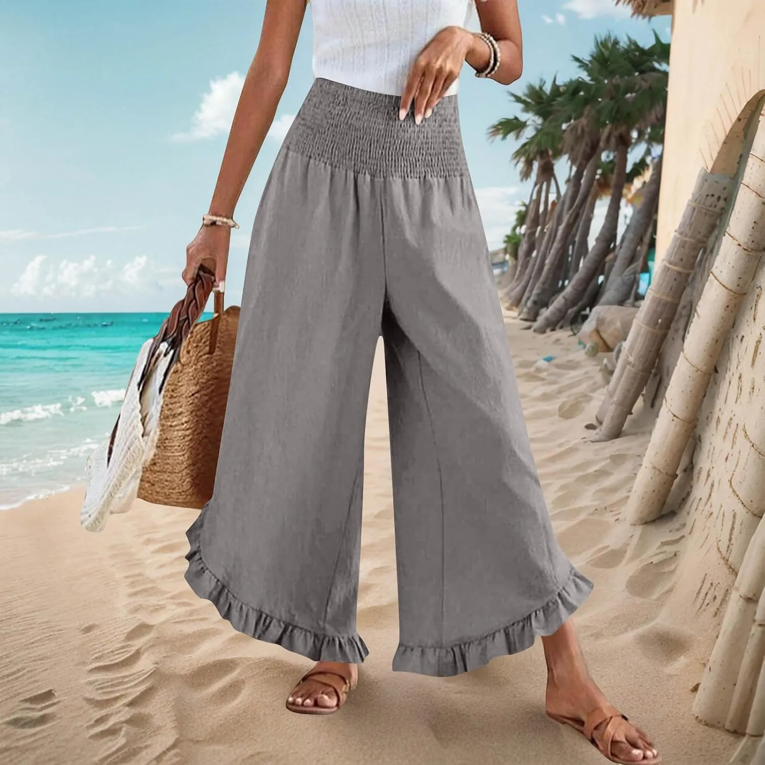 Wide Leg Pants Woman,High Waisted Flowy Pants for Women Ruffle Hem Cropped Elastic Waist Beach Office Boho Trousers
