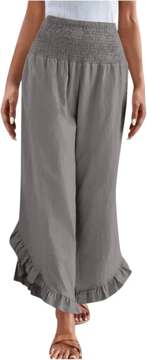Wide Leg Pants Woman,High Waisted Flowy Pants for Women Ruffle Hem Cropped Elastic Waist Beach Office Boho Trousers
