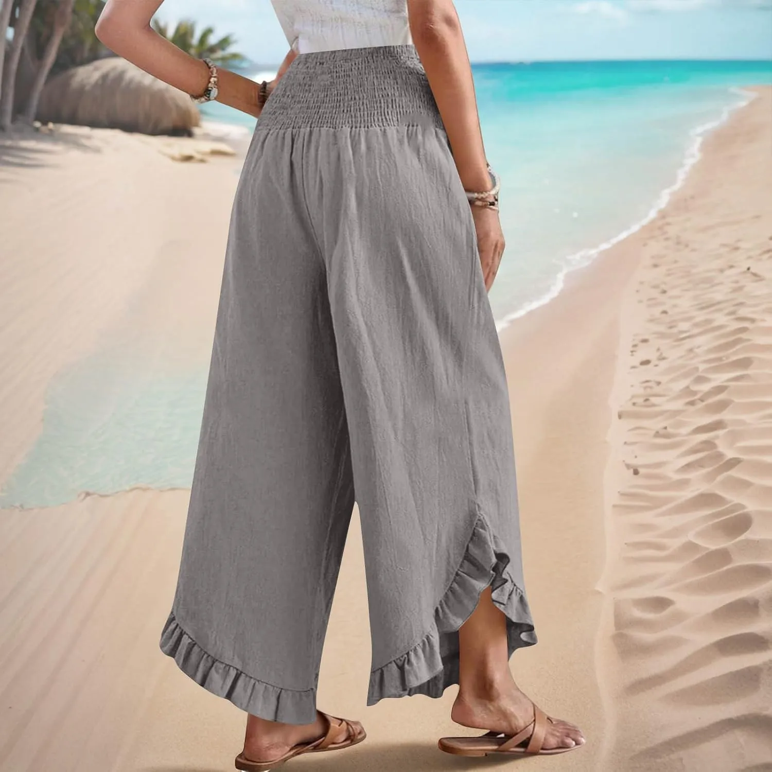 Wide Leg Pants Woman,High Waisted Flowy Pants for Women Ruffle Hem Cropped Elastic Waist Beach Office Boho Trousers