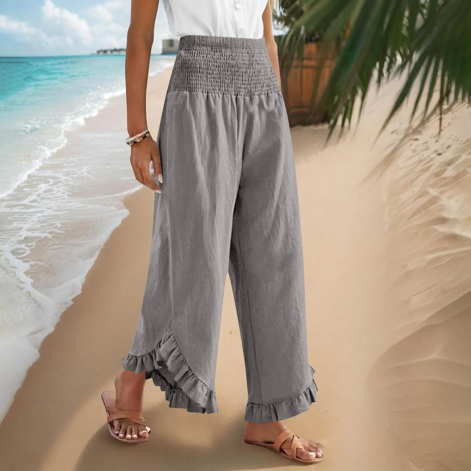 Wide Leg Pants Woman,High Waisted Flowy Pants for Women Ruffle Hem Cropped Elastic Waist Beach Office Boho Trousers