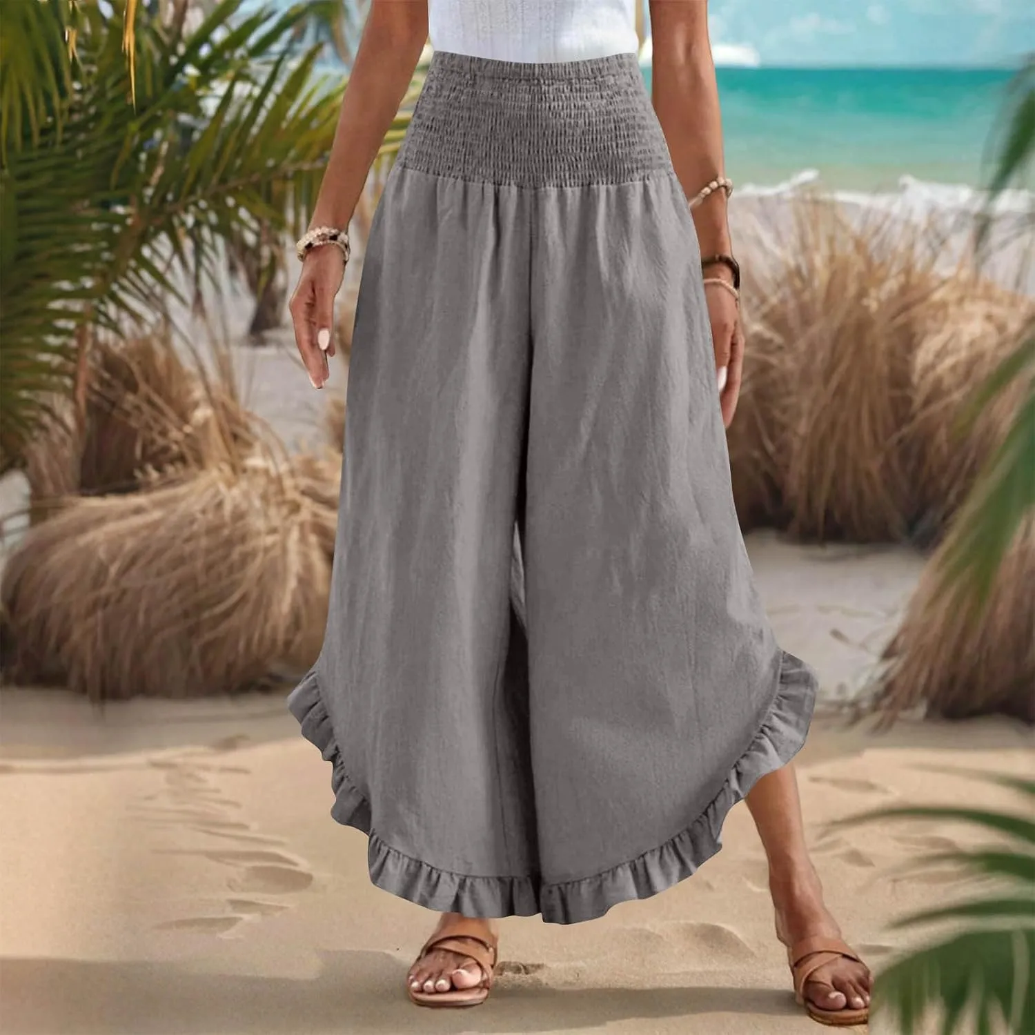 Wide Leg Pants Woman,High Waisted Flowy Pants for Women Ruffle Hem Cropped Elastic Waist Beach Office Boho Trousers