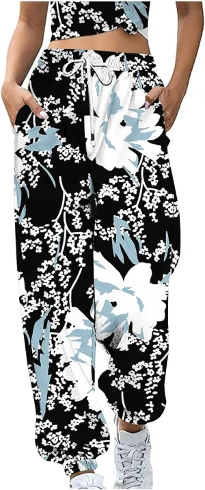Wide Leg Sweatpants for Women Print High Waist Trouser with Pocket Cinch Bottom Pants Casual Athletic Pants