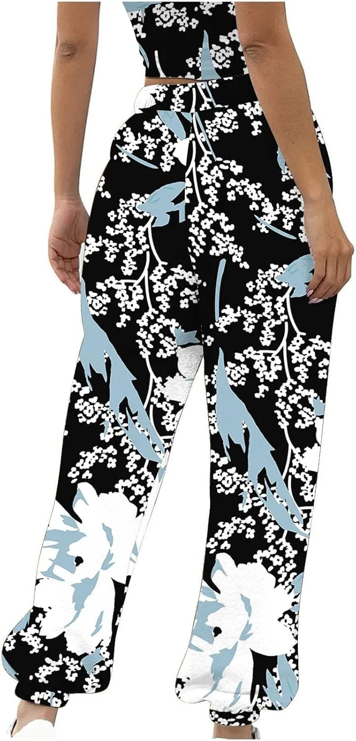 Wide Leg Sweatpants for Women Print High Waist Trouser with Pocket Cinch Bottom Pants Casual Athletic Pants