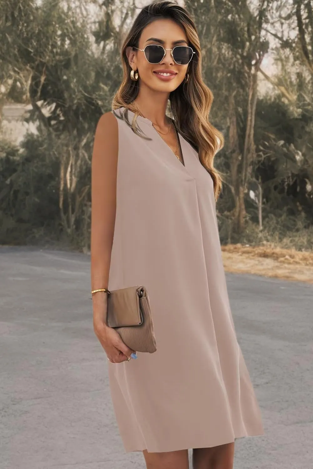 Wkior Summer Dresses for Women 2025 V Neck Sleeveless Casual Shirt Dress Shift DressesS-2XL