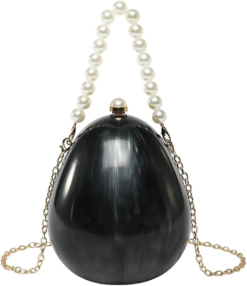 Women Acrylic Egg Clutch Bag Cute Pearl Wrist Purse Marble Evening Handbag Glitter Party Prom Shoulder Bags with Chain