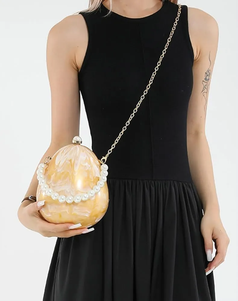 Women Acrylic Egg Clutch Bag Cute Pearl Wrist Purse Marble Evening Handbag Glitter Party Prom Shoulder Bags with Chain