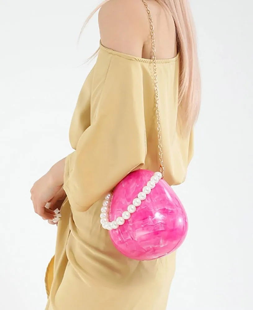 Women Acrylic Egg Clutch Bag Cute Pearl Wrist Purse Marble Evening Handbag Glitter Party Prom Shoulder Bags with Chain
