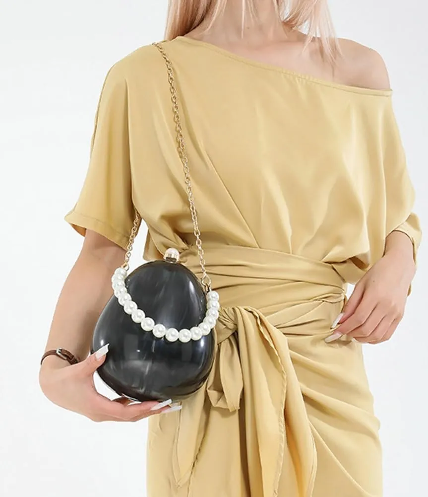 Women Acrylic Egg Clutch Bag Cute Pearl Wrist Purse Marble Evening Handbag Glitter Party Prom Shoulder Bags with Chain