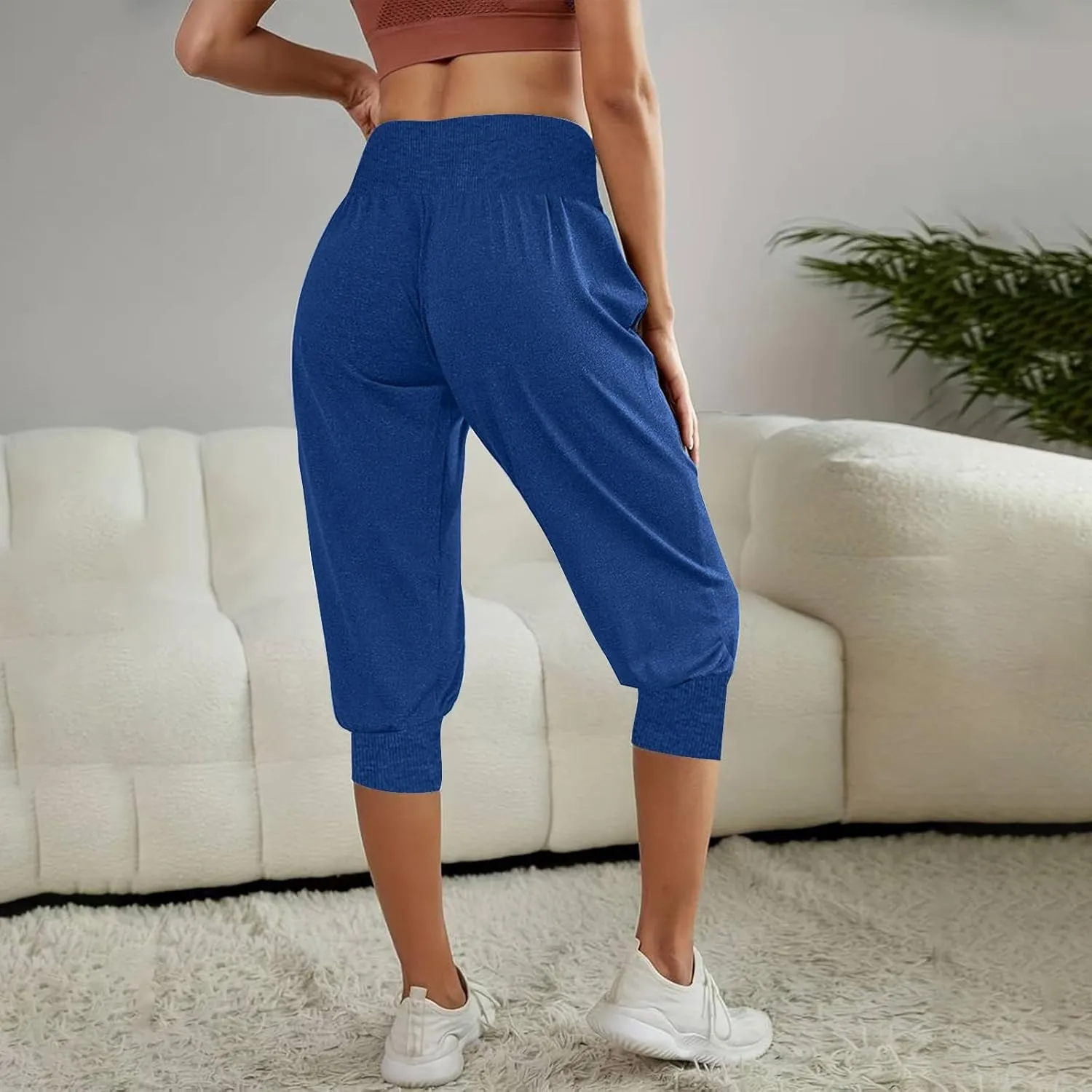 Women Basic Jogger Capri Pants Fashion Ruched Side High Waist Cinch Bottom Pant Summer Comfy Lounge Workout Cropped Trousers