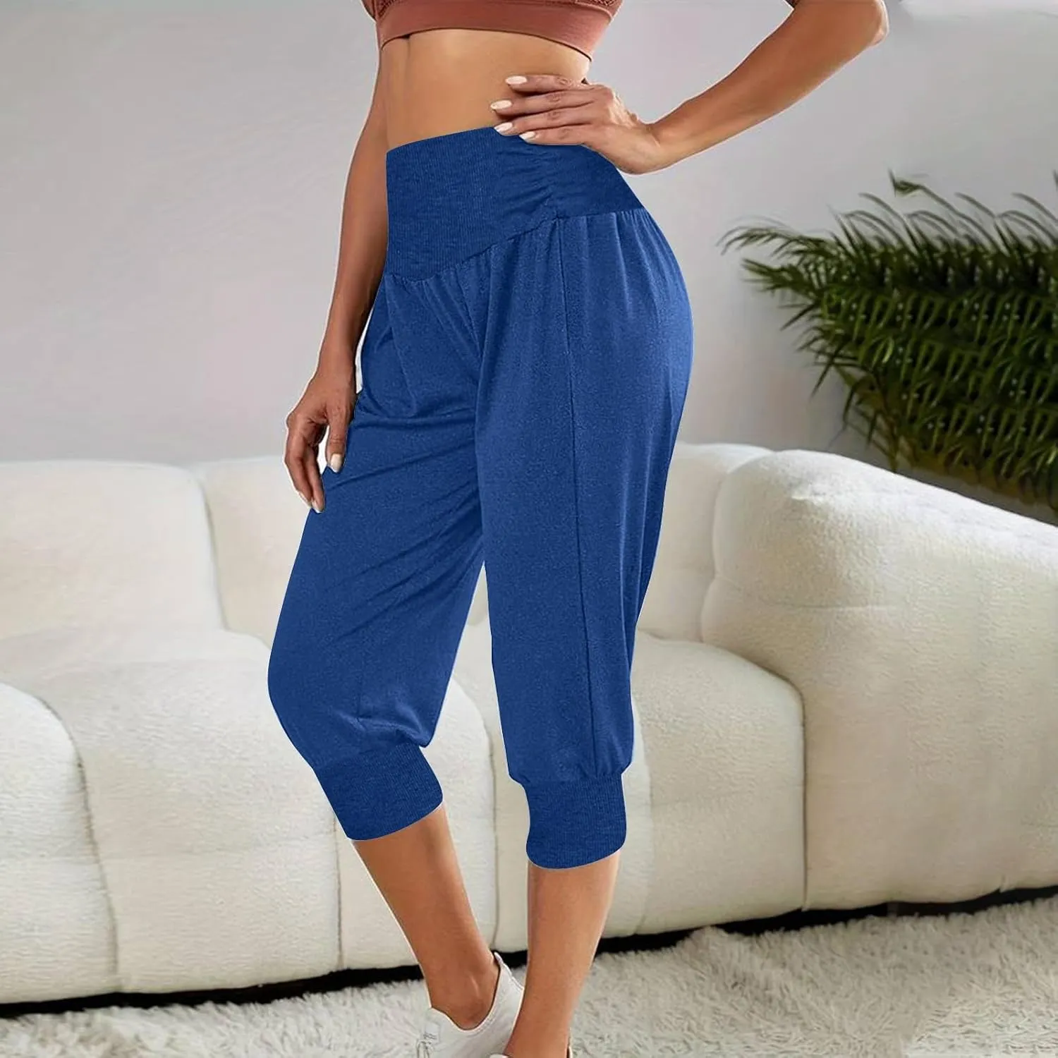 Women Basic Jogger Capri Pants Fashion Ruched Side High Waist Cinch Bottom Pant Summer Comfy Lounge Workout Cropped Trousers