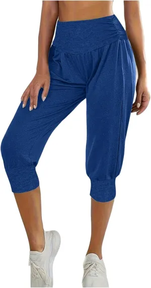 Women Basic Jogger Capri Pants Fashion Ruched Side High Waist Cinch Bottom Pant Summer Comfy Lounge Workout Cropped Trousers