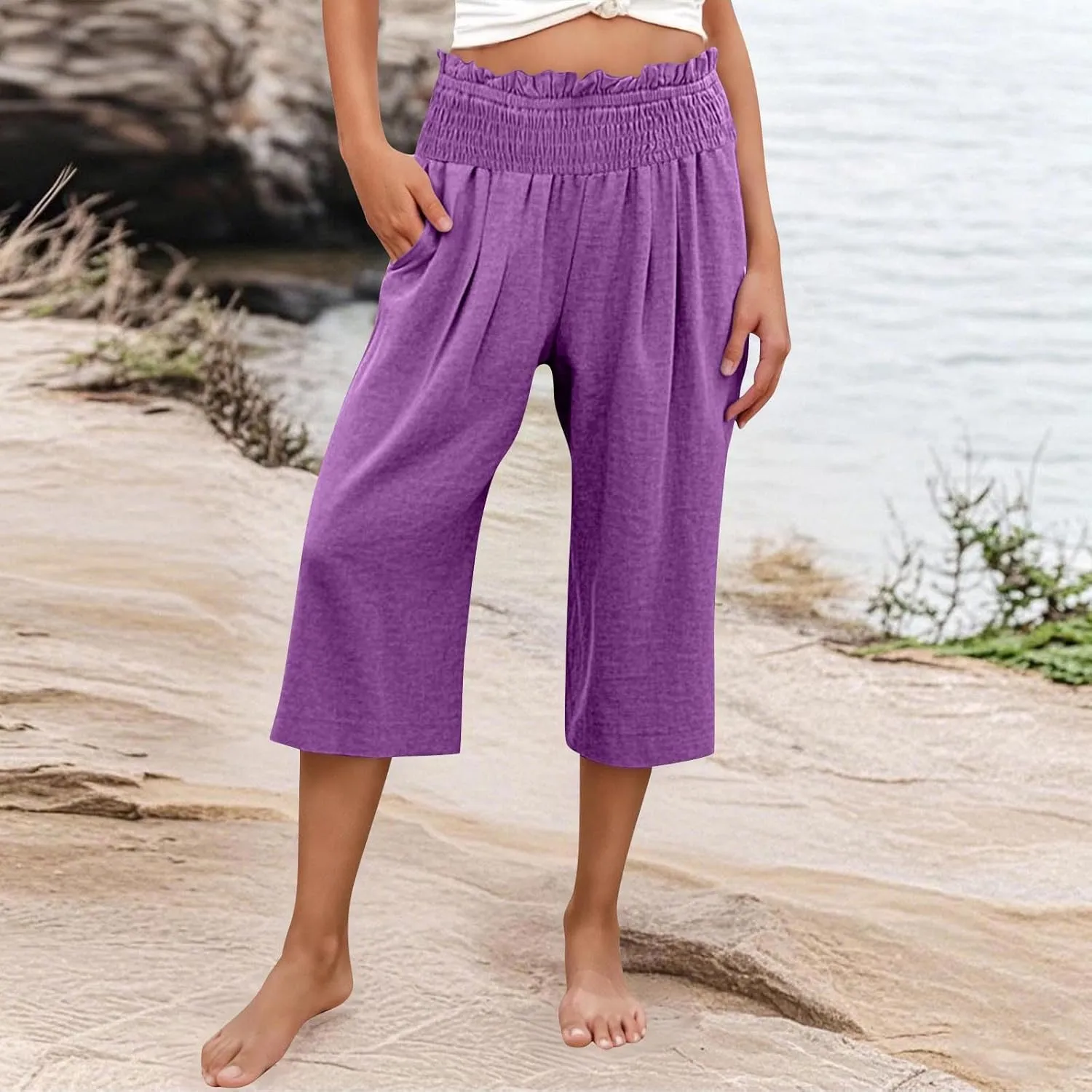 Women Capris Faux Cotton Linen Casual Wide Leg Pants Loose Flowy Ruffle Elastic Waist Cropped Trousers with Pockets