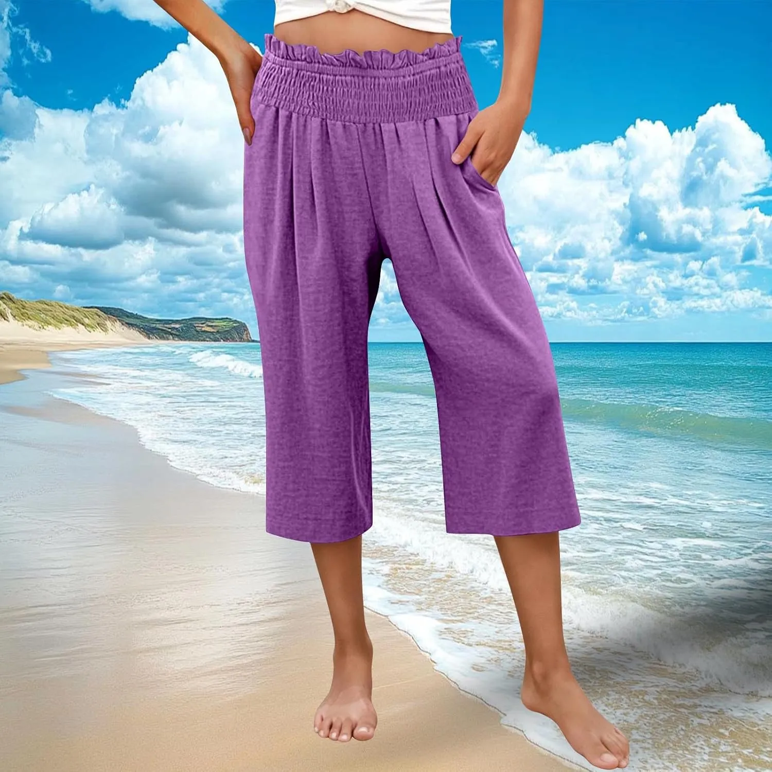 Women Capris Faux Cotton Linen Casual Wide Leg Pants Loose Flowy Ruffle Elastic Waist Cropped Trousers with Pockets