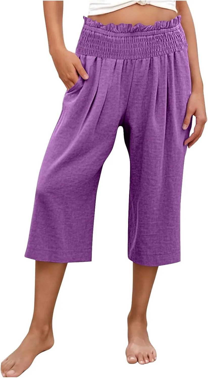 Women Capris Faux Cotton Linen Casual Wide Leg Pants Loose Flowy Ruffle Elastic Waist Cropped Trousers with Pockets