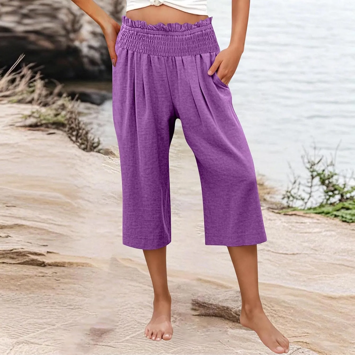 Women Capris Faux Cotton Linen Casual Wide Leg Pants Loose Flowy Ruffle Elastic Waist Cropped Trousers with Pockets