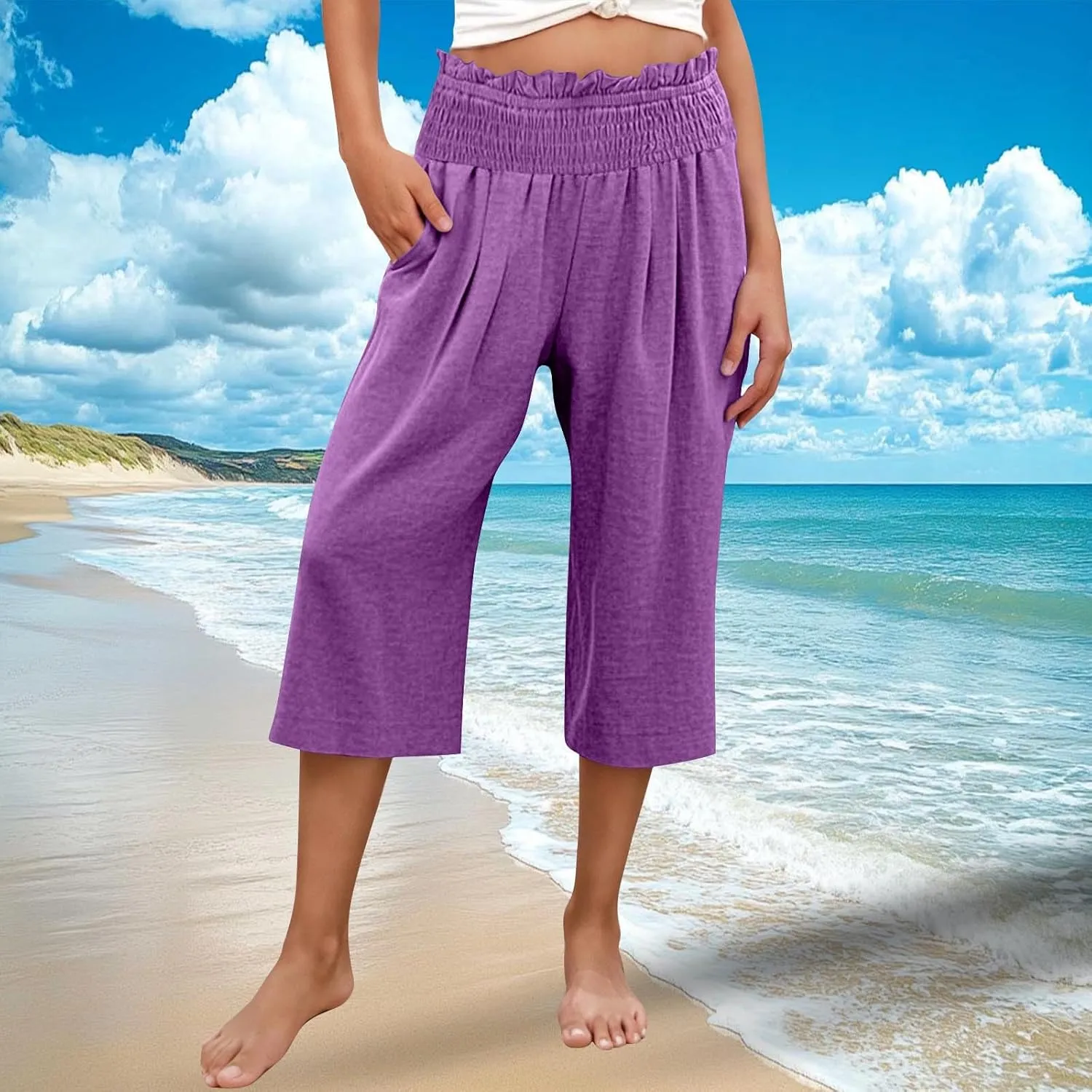 Women Capris Faux Cotton Linen Casual Wide Leg Pants Loose Flowy Ruffle Elastic Waist Cropped Trousers with Pockets