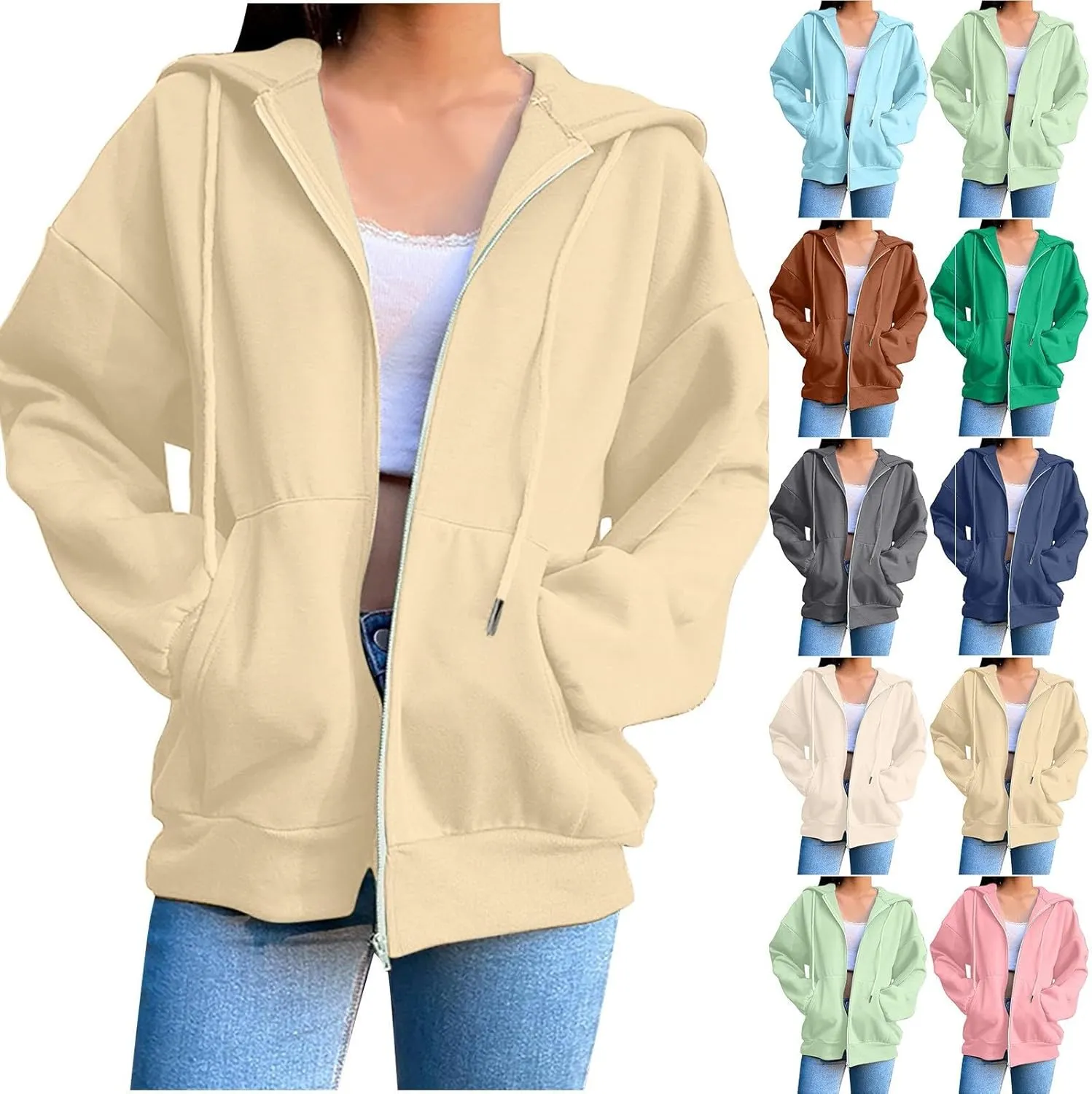 Women Casual Full Zip Up Hoodie Basic Lightweight Long Sleeve Sweatshirt Solid Color Jacket Fall Outfits