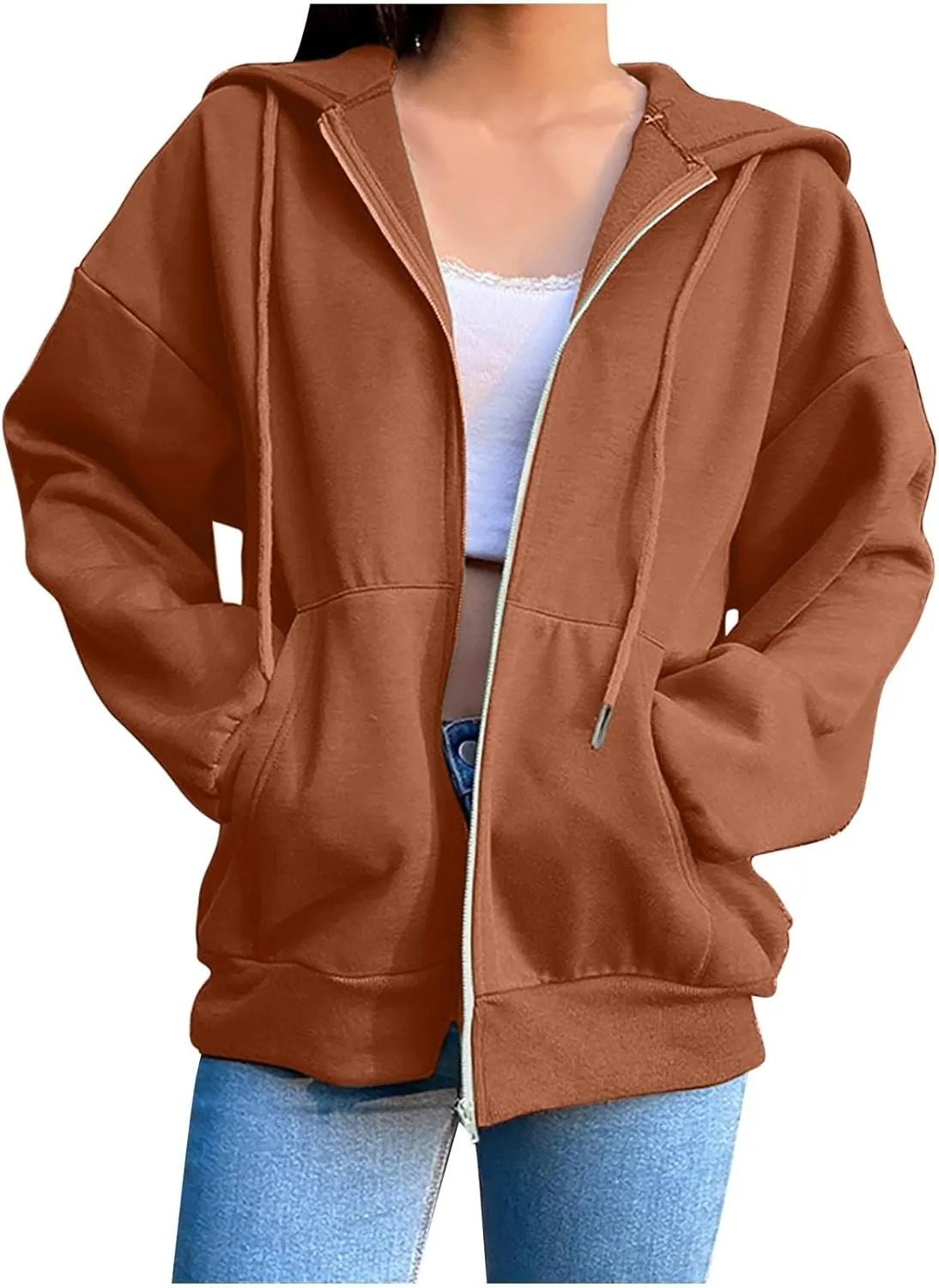 Women Casual Full Zip Up Hoodie Basic Lightweight Long Sleeve Sweatshirt Solid Color Jacket Fall Outfits