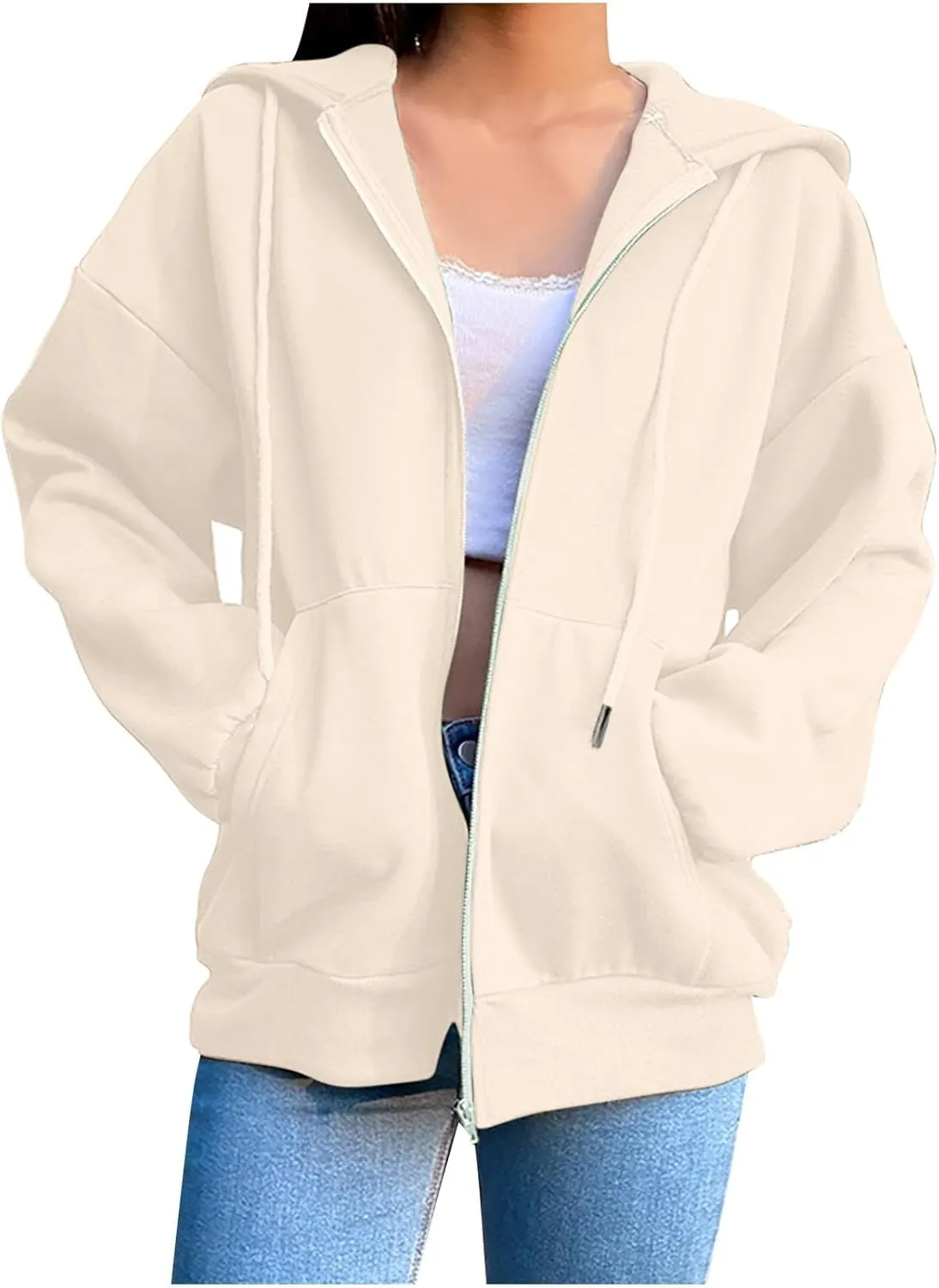 Women Casual Full Zip Up Hoodie Basic Lightweight Long Sleeve Sweatshirt Solid Color Jacket Fall Outfits