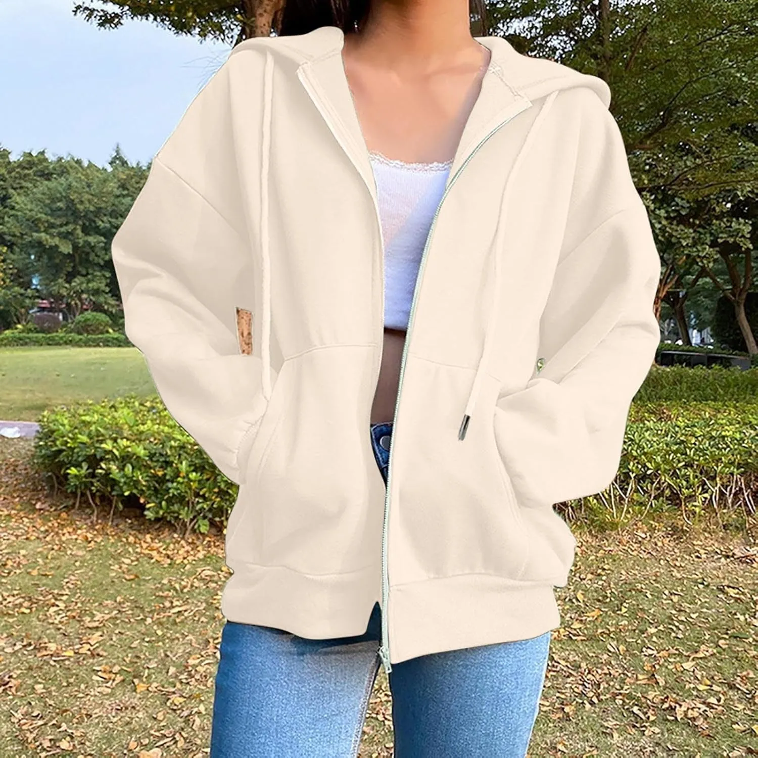 Women Casual Full Zip Up Hoodie Basic Lightweight Long Sleeve Sweatshirt Solid Color Jacket Fall Outfits