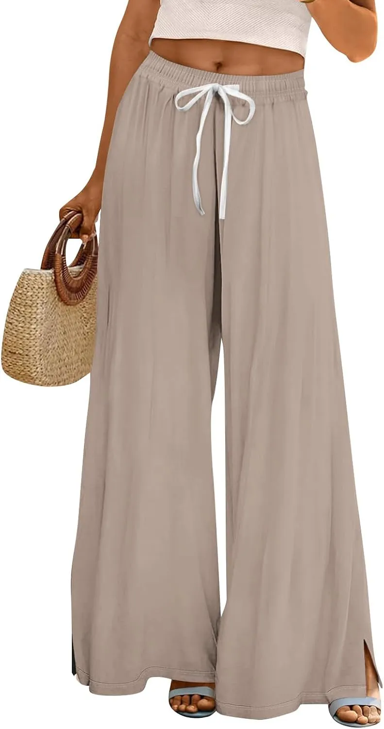 Women Casual Summer Boho Palazzo Pants High Waist Wide Leg Floral Beach Vacation Trousers with Pockets