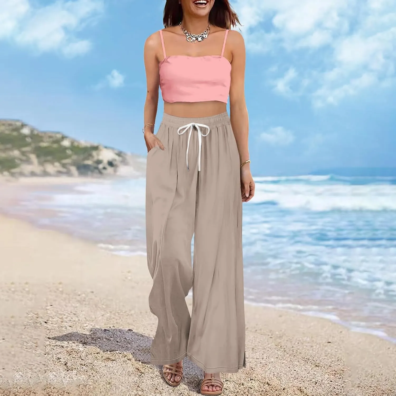 Women Casual Summer Boho Palazzo Pants High Waist Wide Leg Floral Beach Vacation Trousers with Pockets