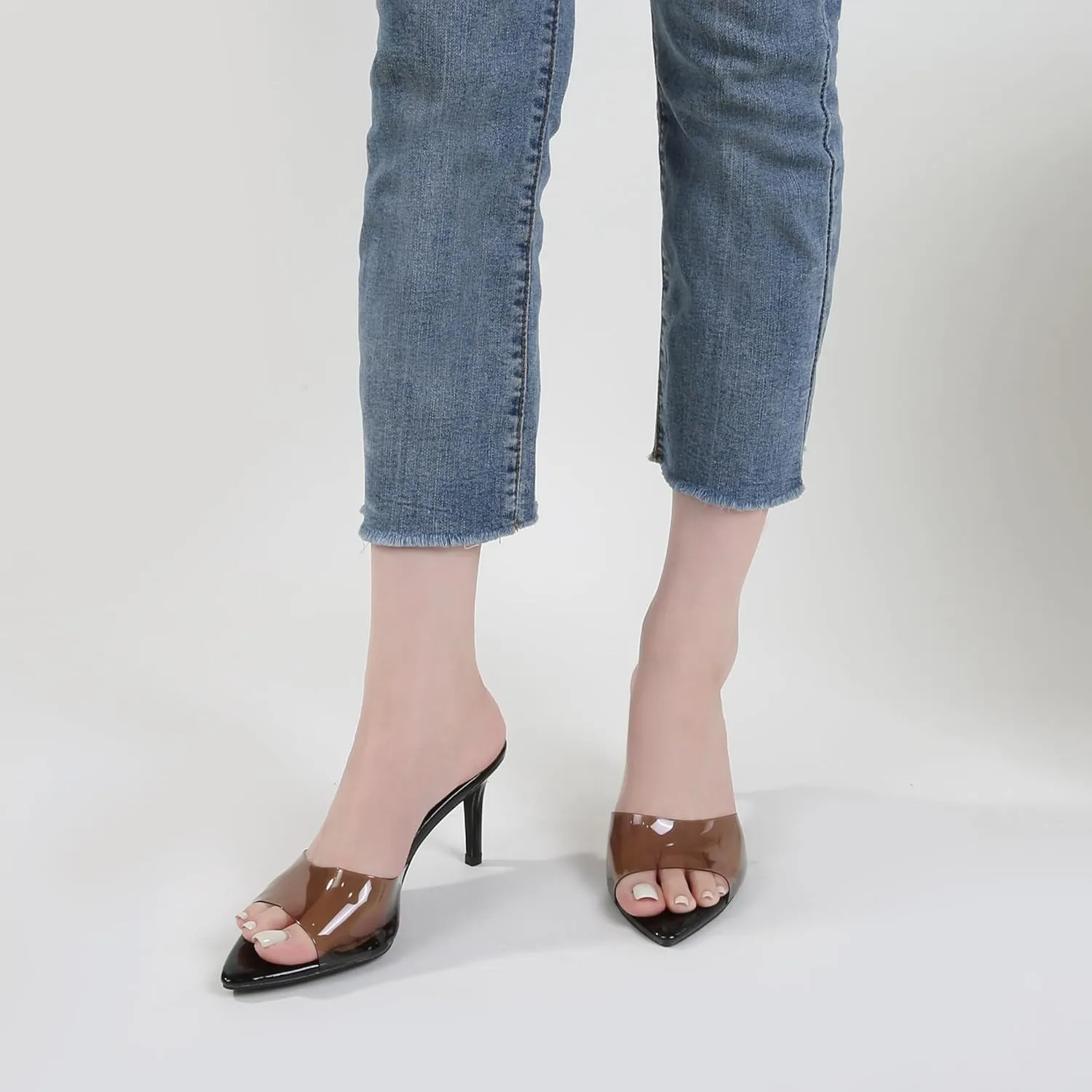 Women Clear Pointed Toe Sandals Stiletto Heels Transparent Strap High Heels Slip on Mules for Women