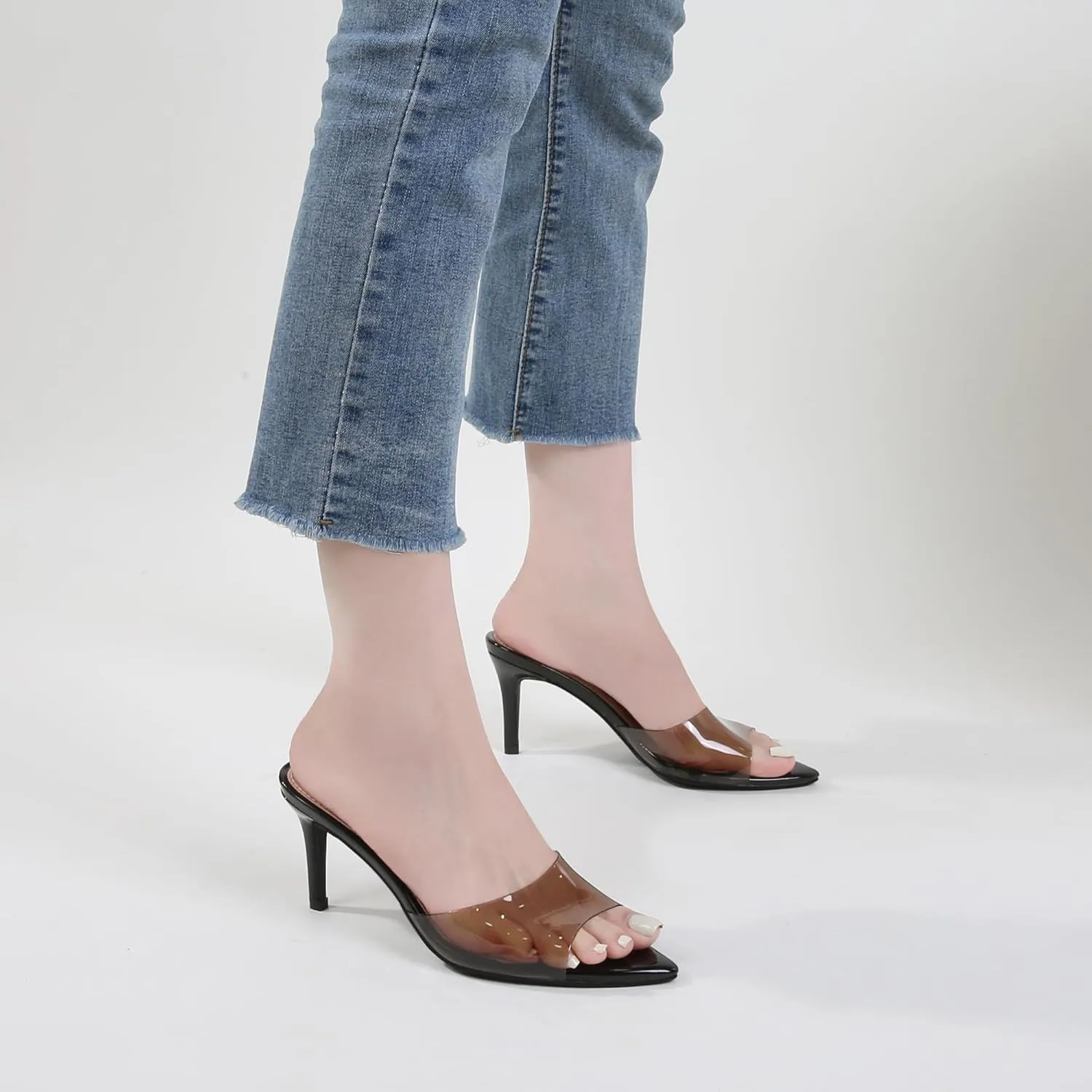 Women Clear Pointed Toe Sandals Stiletto Heels Transparent Strap High Heels Slip on Mules for Women