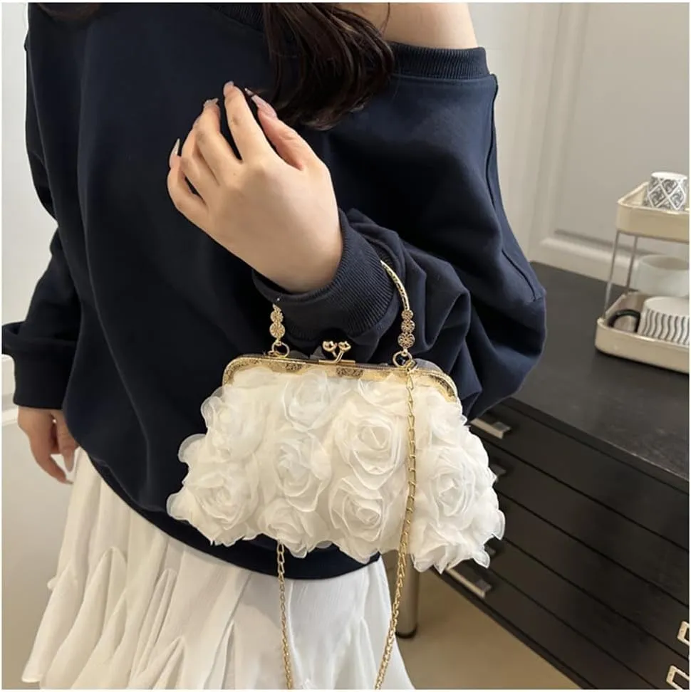 Women Floral Clutch Purses with Chain 3D Roses Satin Evening Handbag Kiss Lock Wedding Party Prom Evening Clutch Bag