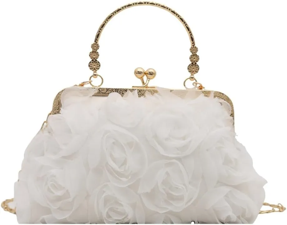 Women Floral Clutch Purses with Chain 3D Roses Satin Evening Handbag Kiss Lock Wedding Party Prom Evening Clutch Bag