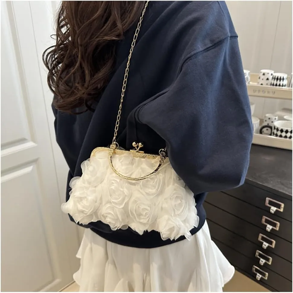 Women Floral Clutch Purses with Chain 3D Roses Satin Evening Handbag Kiss Lock Wedding Party Prom Evening Clutch Bag