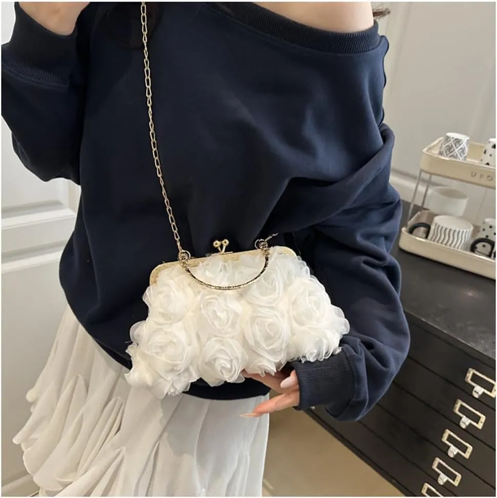 Women Floral Clutch Purses with Chain 3D Roses Satin Evening Handbag Kiss Lock Wedding Party Prom Evening Clutch Bag