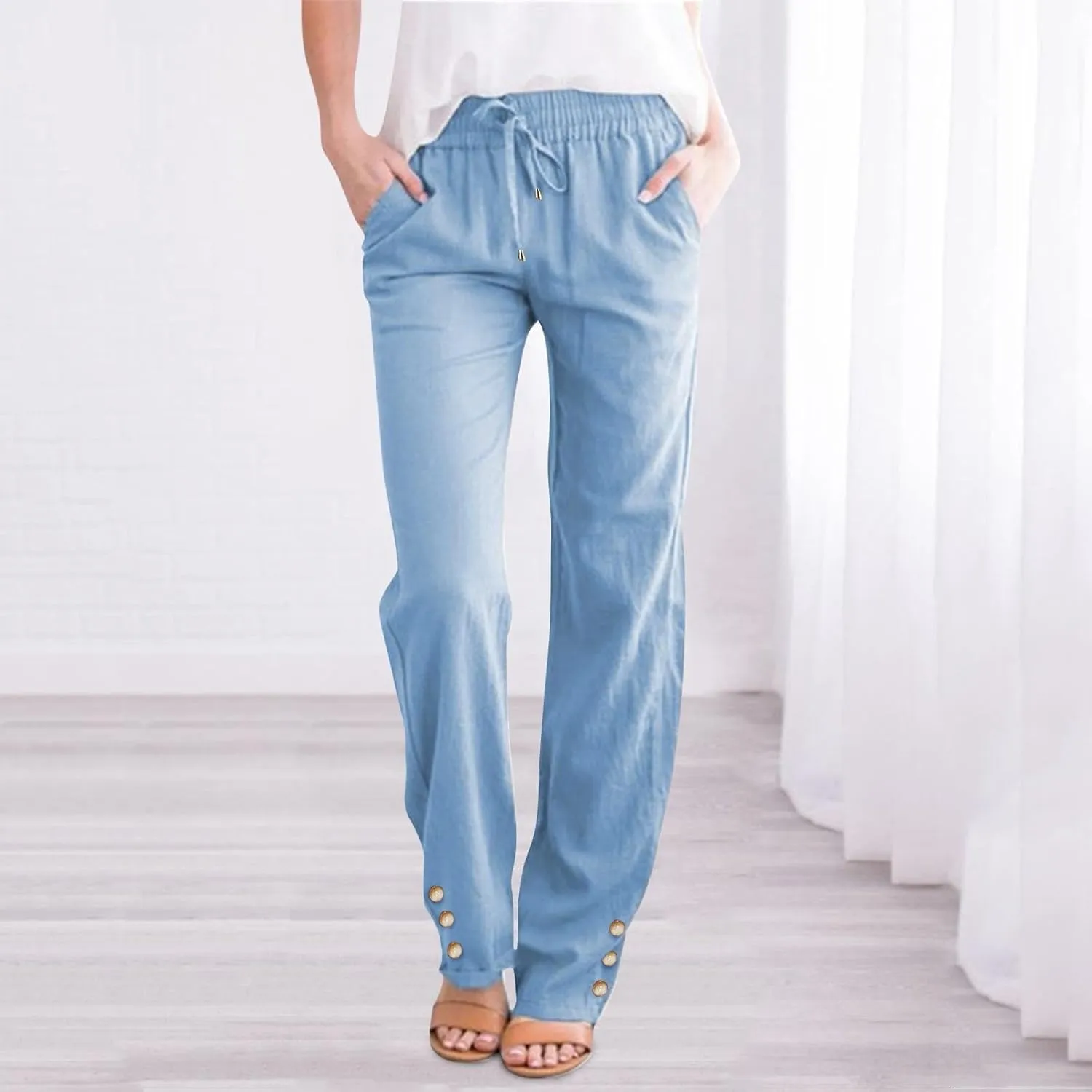 Women Linen Summer Beach Outfits 2025 Drawstring Slim Button Decorations Pants with Pockets Harem Casual Solid Sweatpants