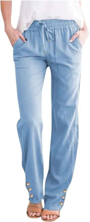 Women Linen Summer Beach Outfits 2025 Drawstring Slim Button Decorations Pants with Pockets Harem Casual Solid Sweatpants
